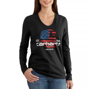 Carhartt 102768 - Women's Lubbock Filled Flag Long Sleeve V-Neck T-Shirt - Black